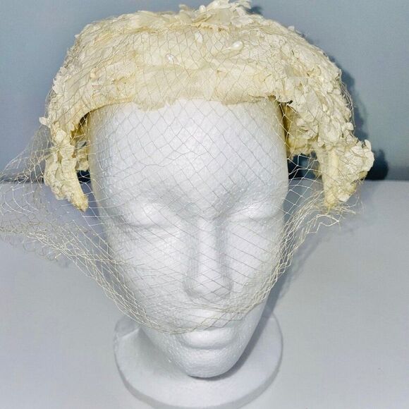 Vintage 50s 60s Crown Ivory Hat Net Floral Pearls Bridal Dance Costume Theatre main image 7